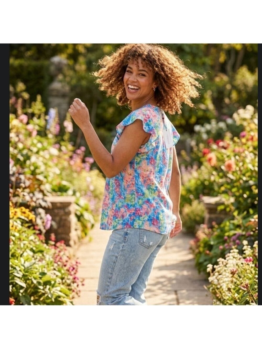 Dear Scarlett MultiColor Vibrant Floral Blouse,Top, Ruffle Sleeves.Sz.Small NWT - Picture 3 of 7